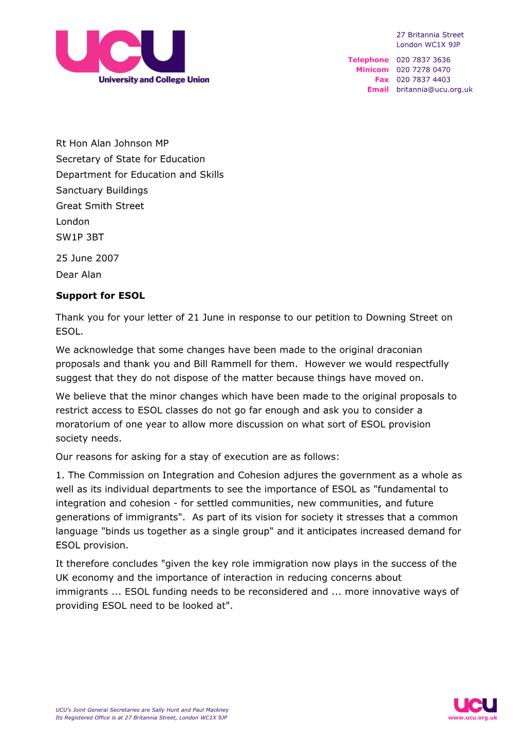 Paul Mackney Letter to Mr Bill Rammell 25 Jun 2007