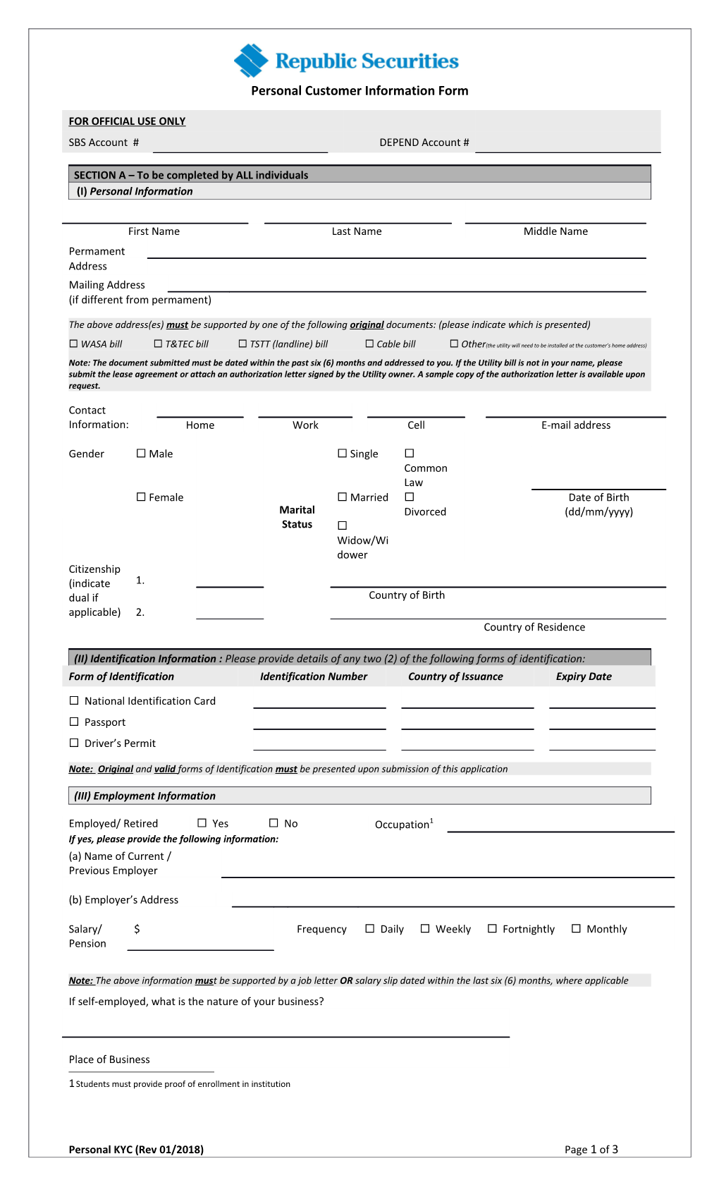 Personal Customer Information Form