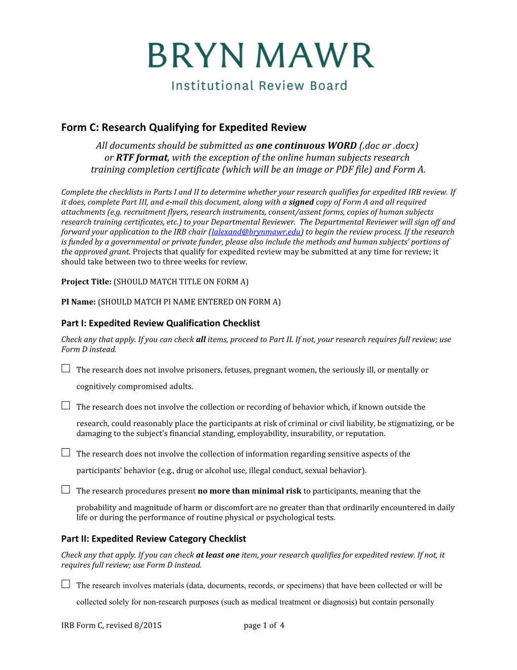 Form C: Researchqualifying for Expedited Review