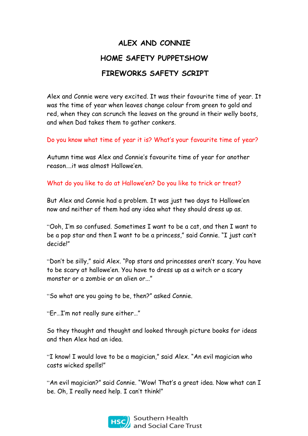 Fireworks Script - Alex and Connie Home Safety Puppetshow