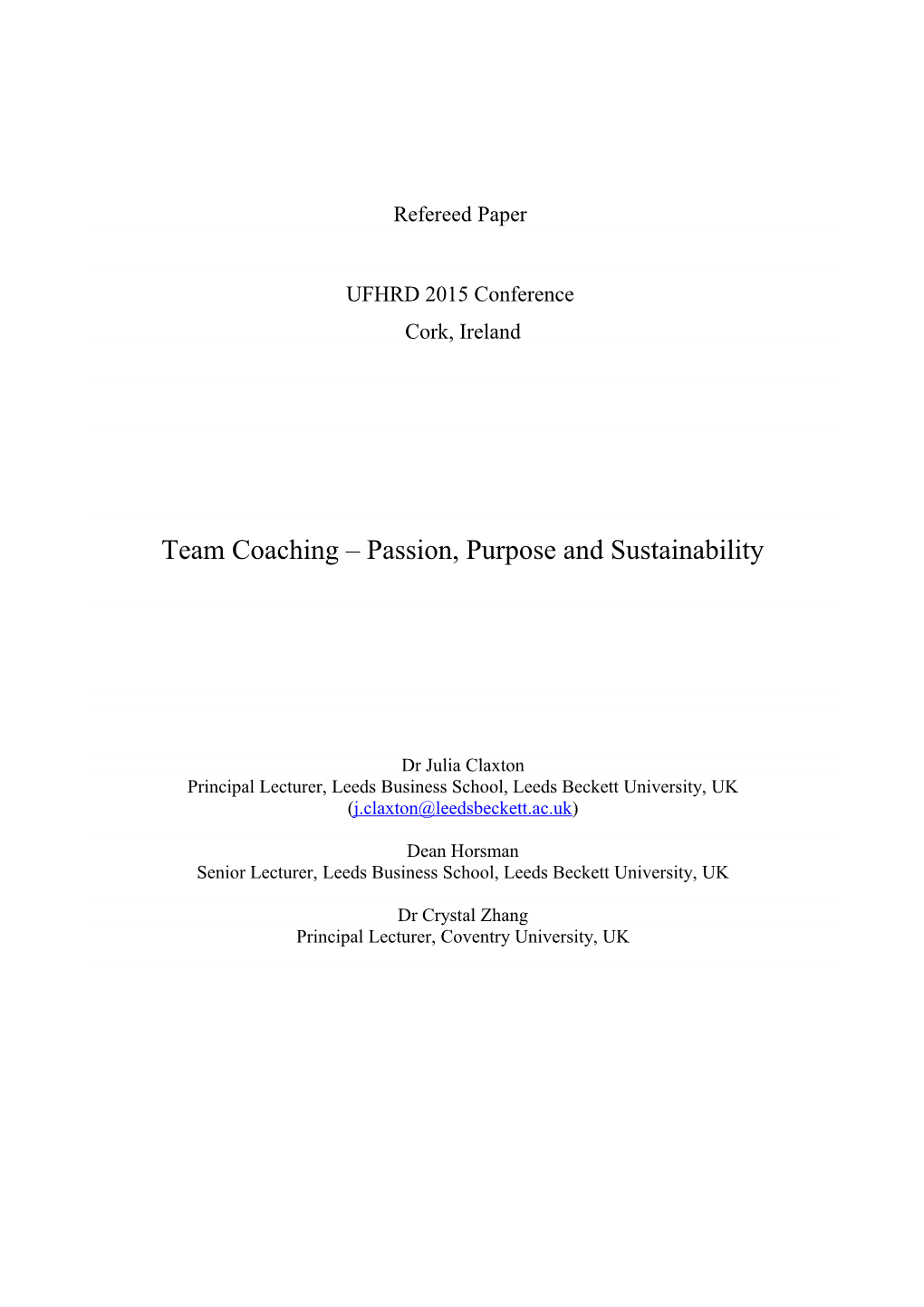 Team Coaching Passion, Purpose and Sustainability