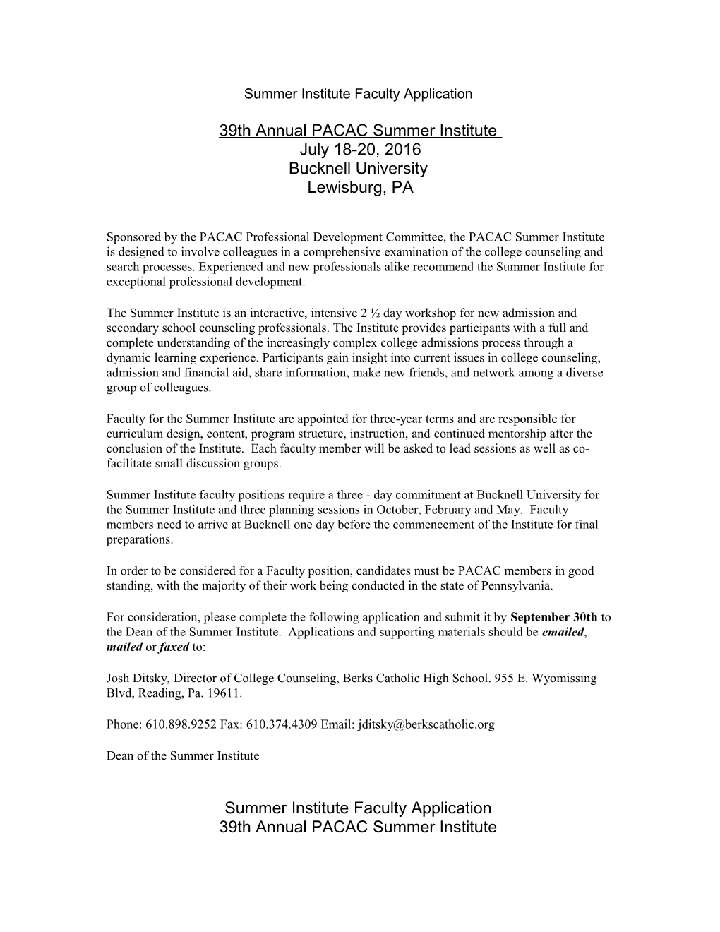 Application for PACAC Summer Institute Program Faculty - 2007