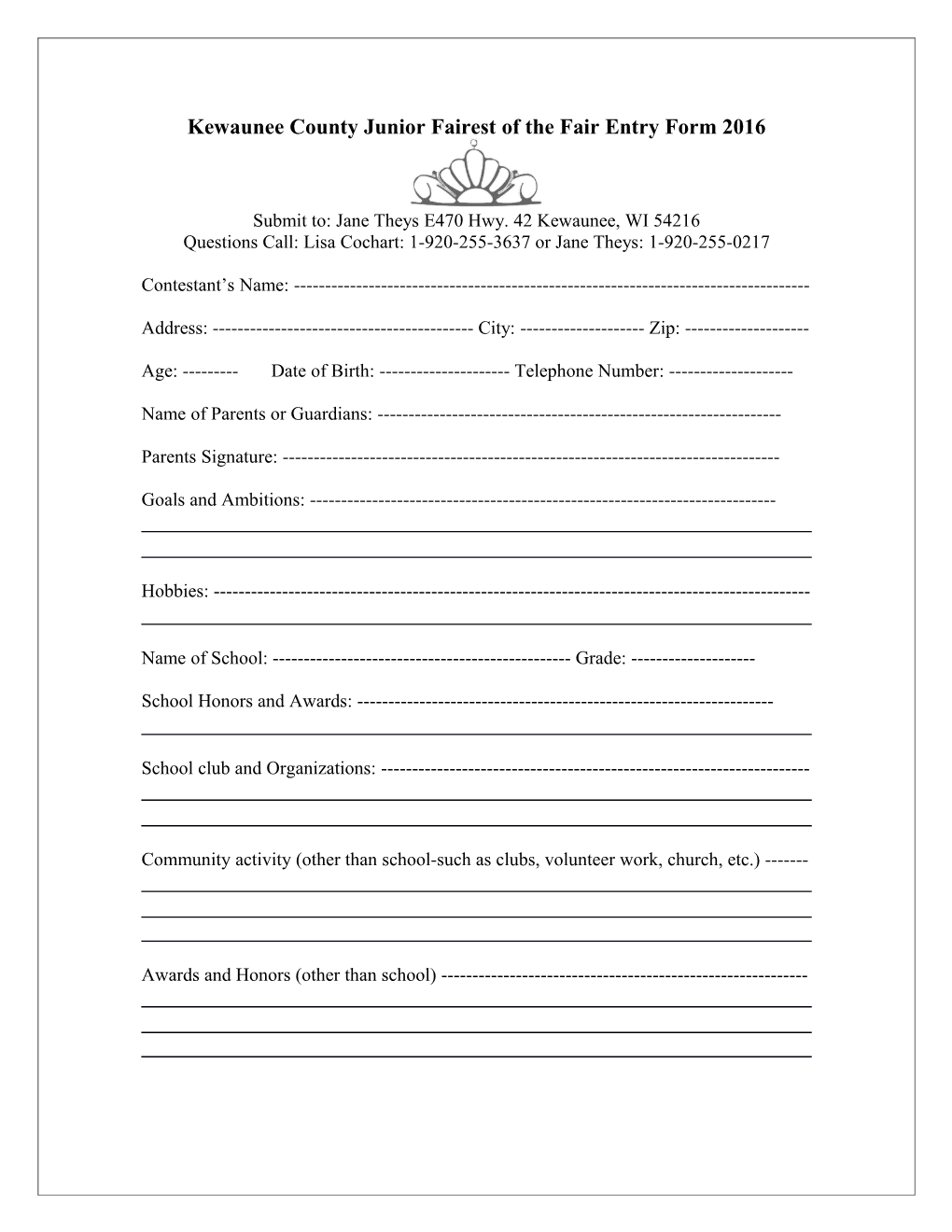 Kewaunee County Junior Fairest of the Fair- Entry Form