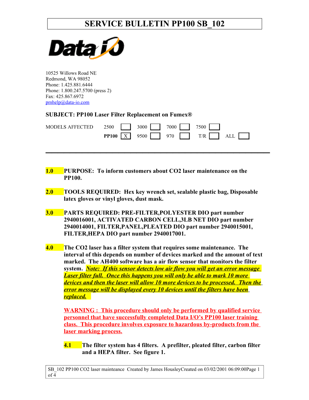 SUBJECT: PP100 Laser Filter Replacement on Fumex