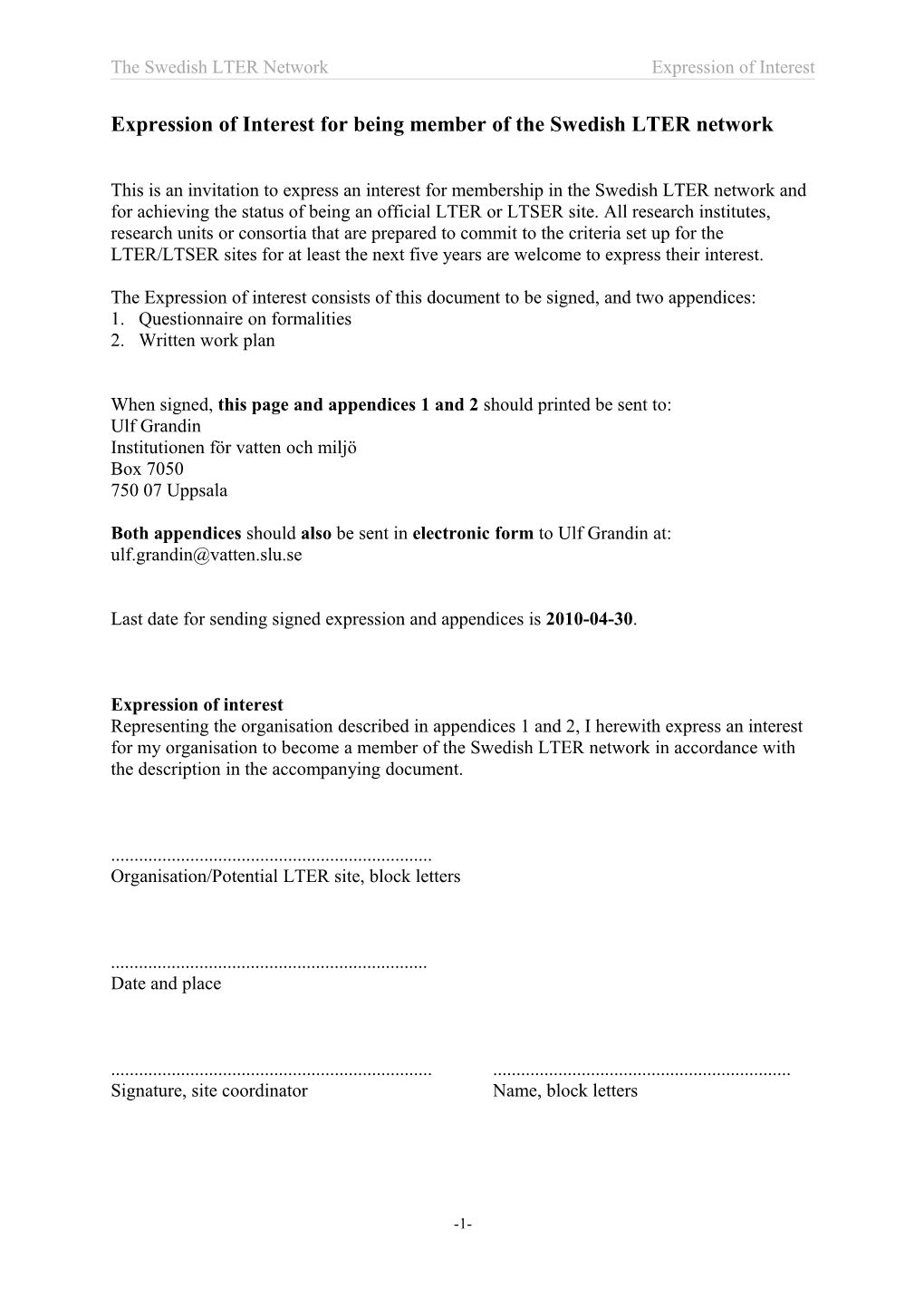 Expression of Interest for Being Member of the Swedish LTER Network