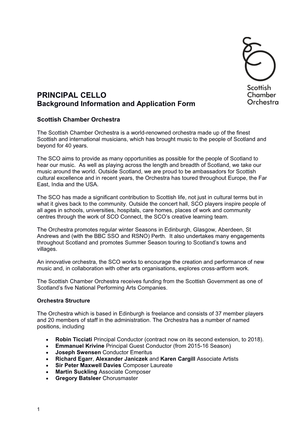 PRINCIPAL CELLO Background Information and Application Form