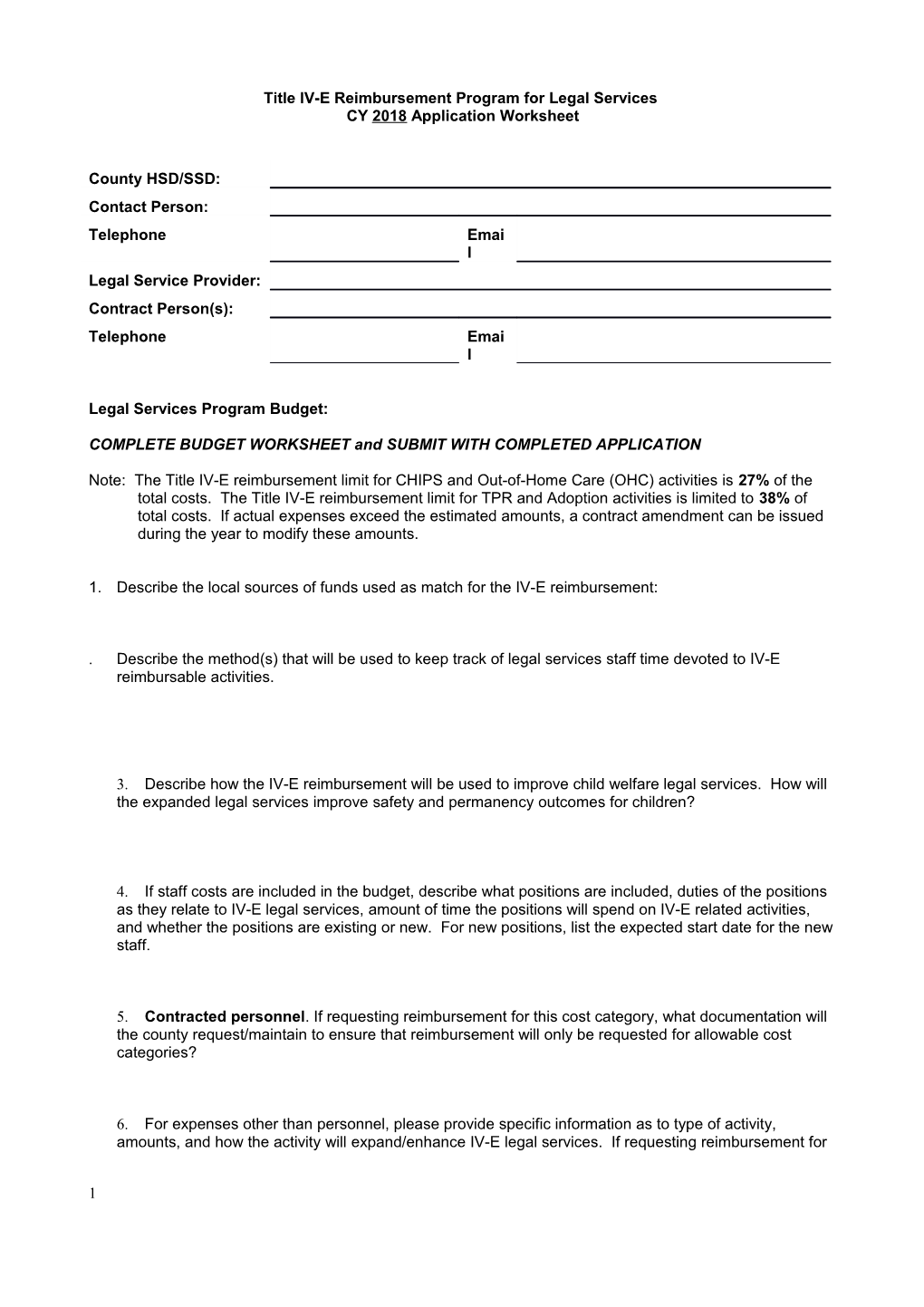 Wisconsin Title IV-E Reimbursement Program for Legal Services Application Worksheet