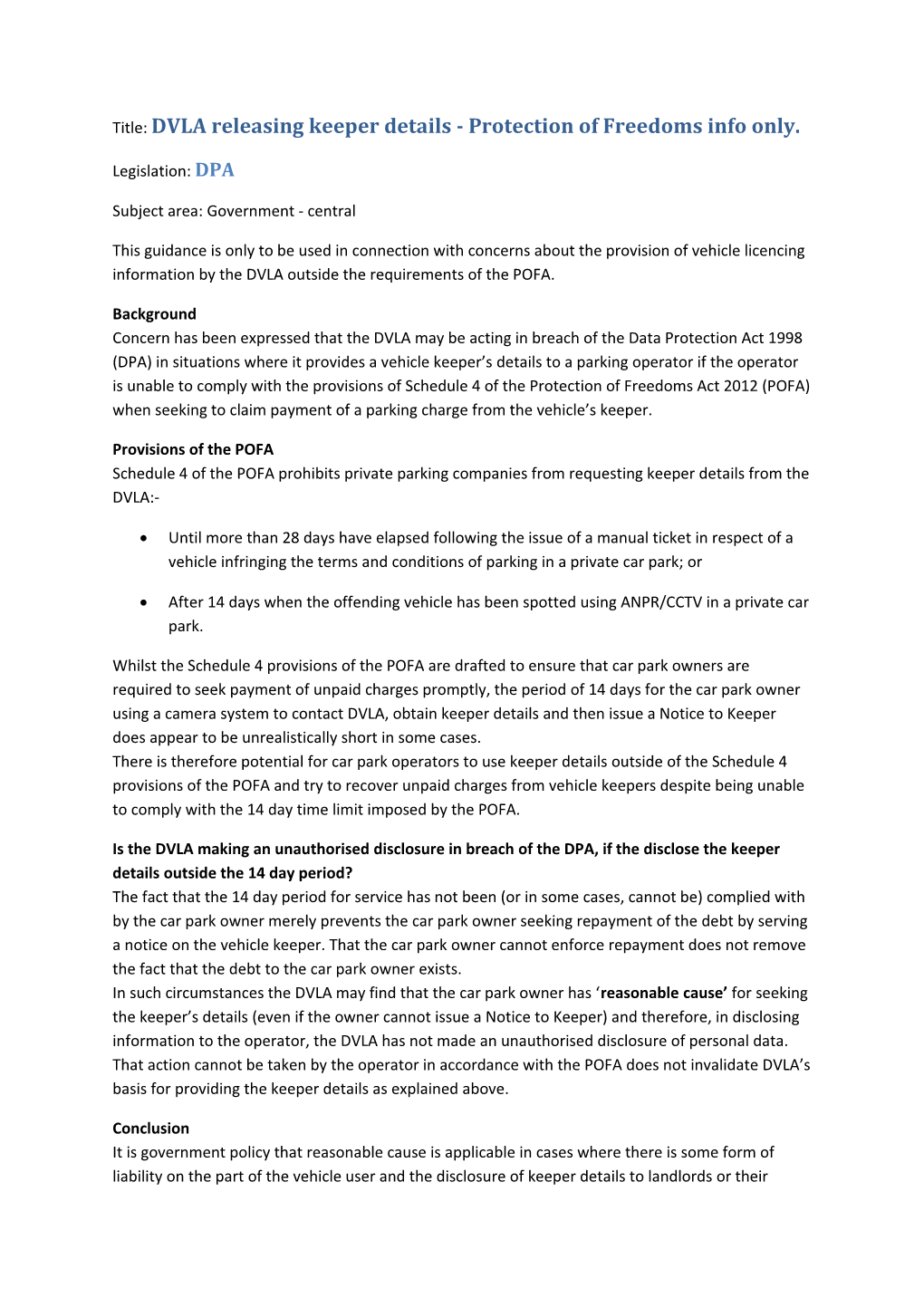 Title: DVLA Releasing Keeper Details - Protection of Freedoms Info Only