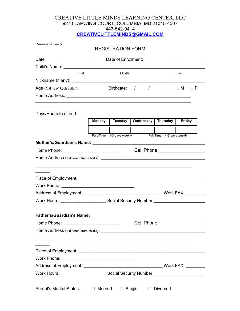 Tots Towne Registration Form