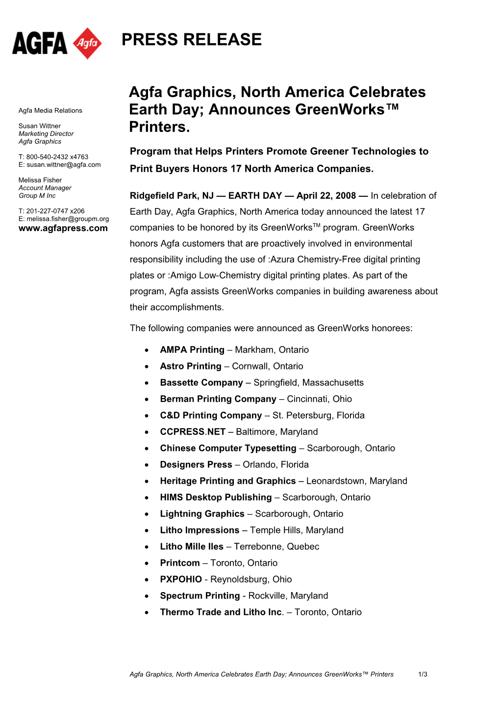Agfa Graphics, North America Celebrates Earth Day; Announces Greenworks Printers