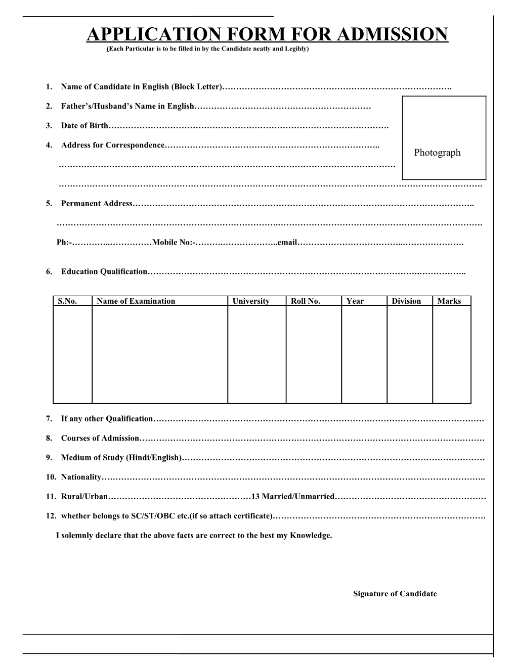 Application Form for Admission