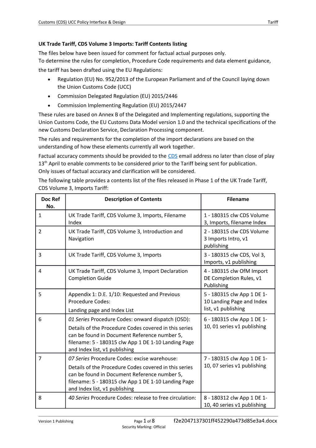 Customs (CDS) UCC Policy Interface & Design Tariff