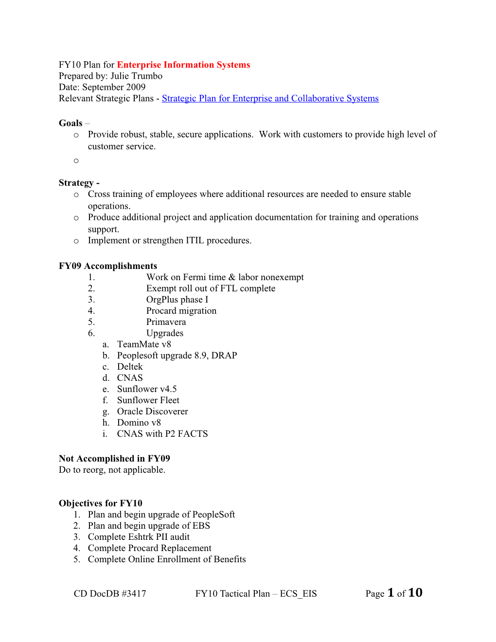 FY10 Plan for Enterprise Information Systems