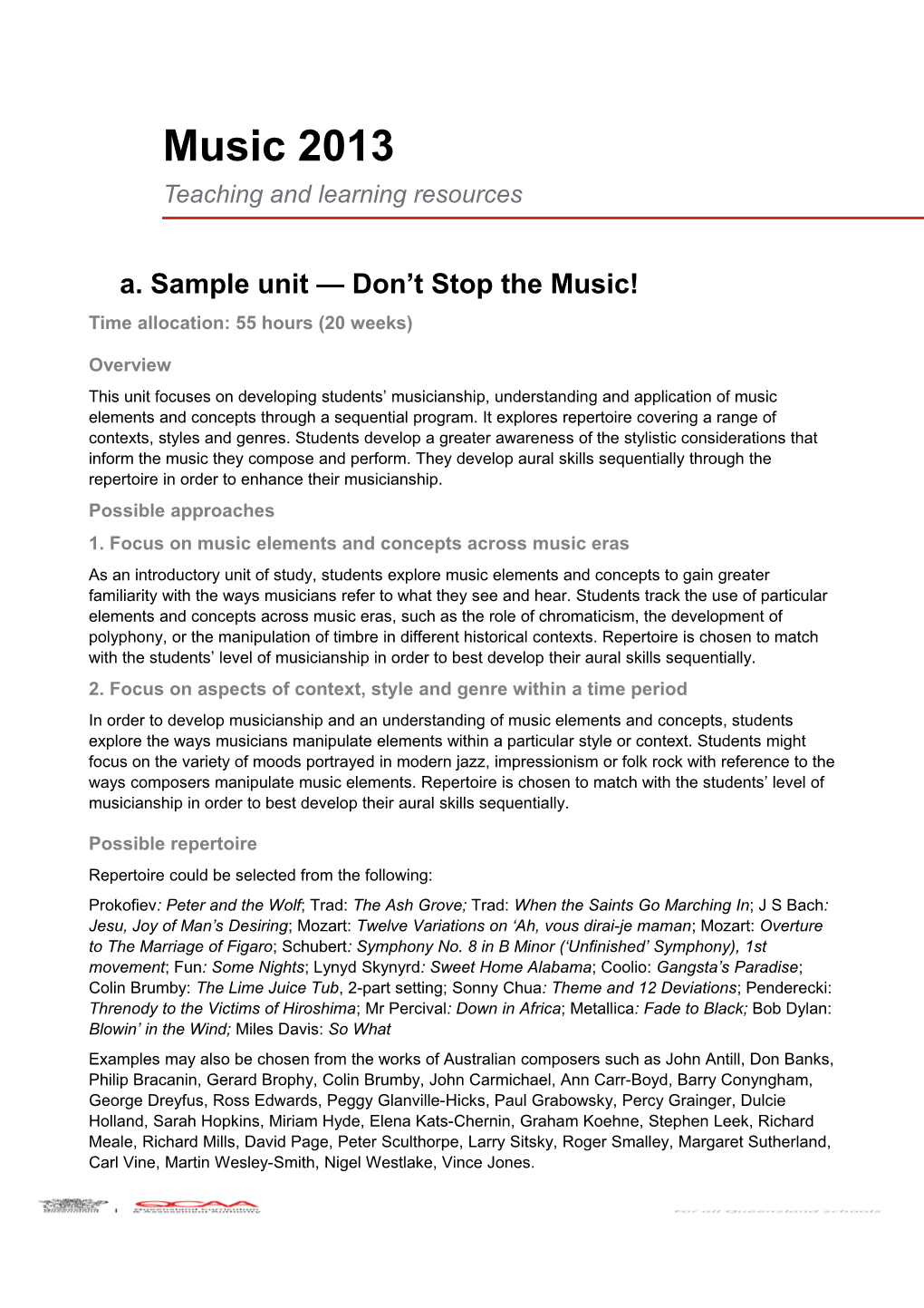 Music (2013) Teaching and Learning Resources: Sample Unit - Don't Stop the Music