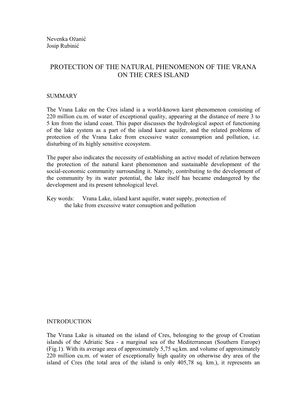 Protection of the Natural Phenomenon of the Vrana on the Cres Island