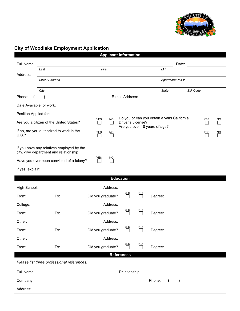 City of Woodlake Employment Application