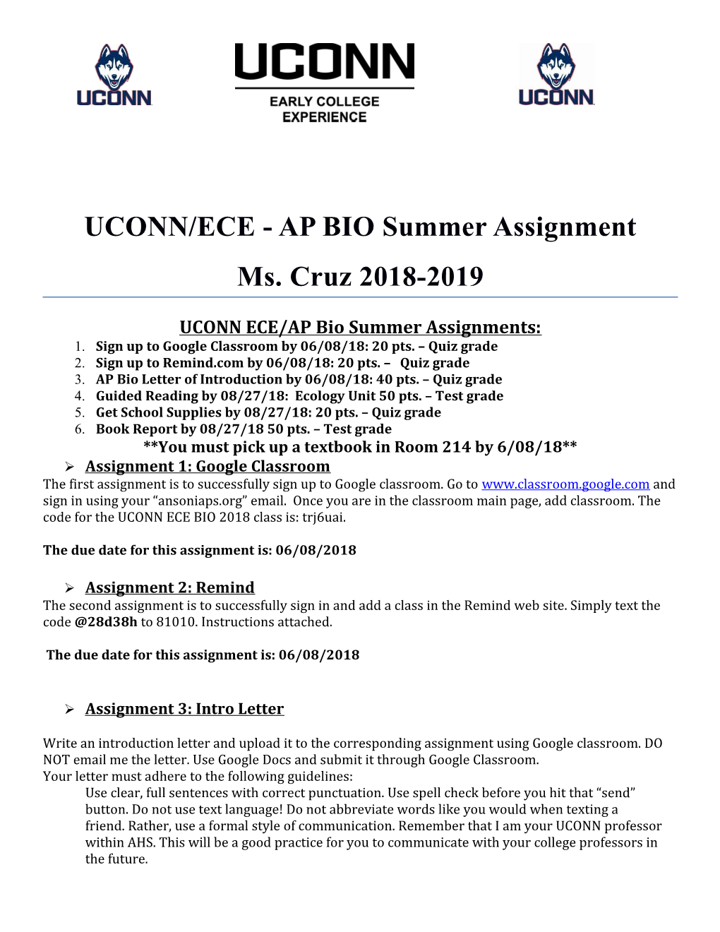 UCONN ECE/AP Bio Summer Assignments