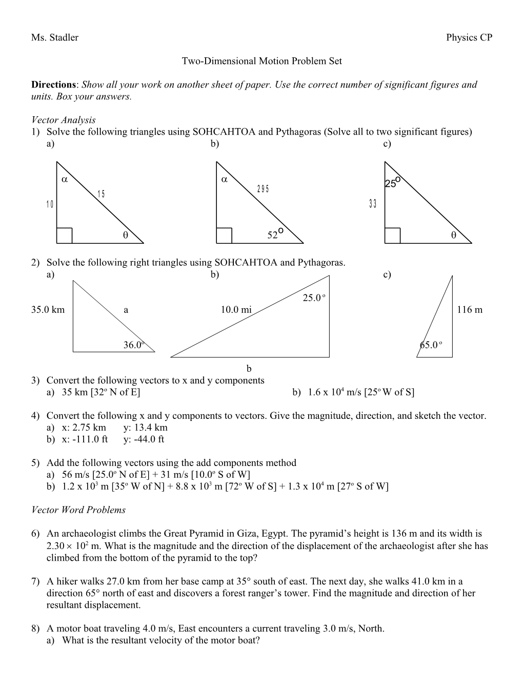 Physics 11 - Trignometry Review And Vector Addition Worksheet