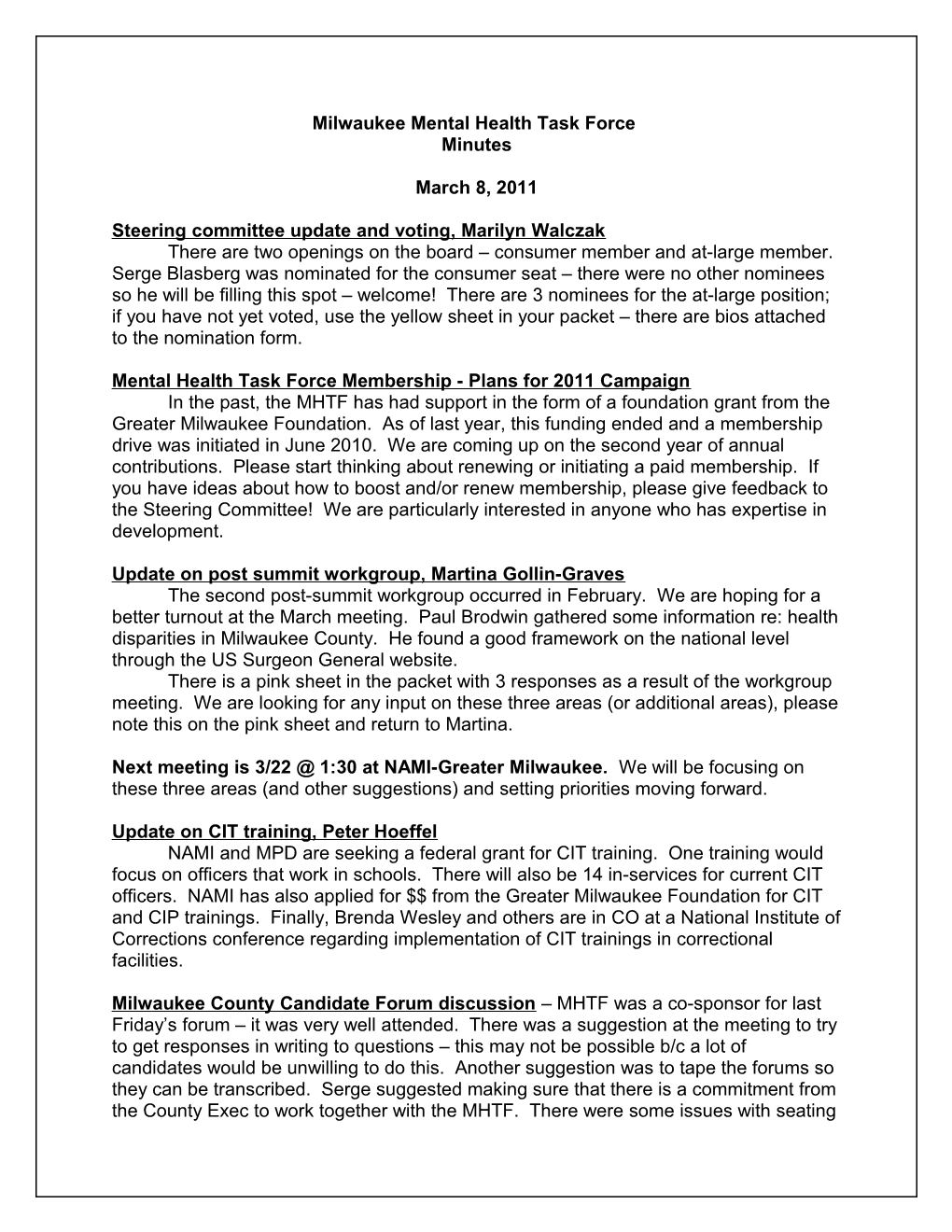 Milwaukee Mental Health Task Force Steering Committee Agenda