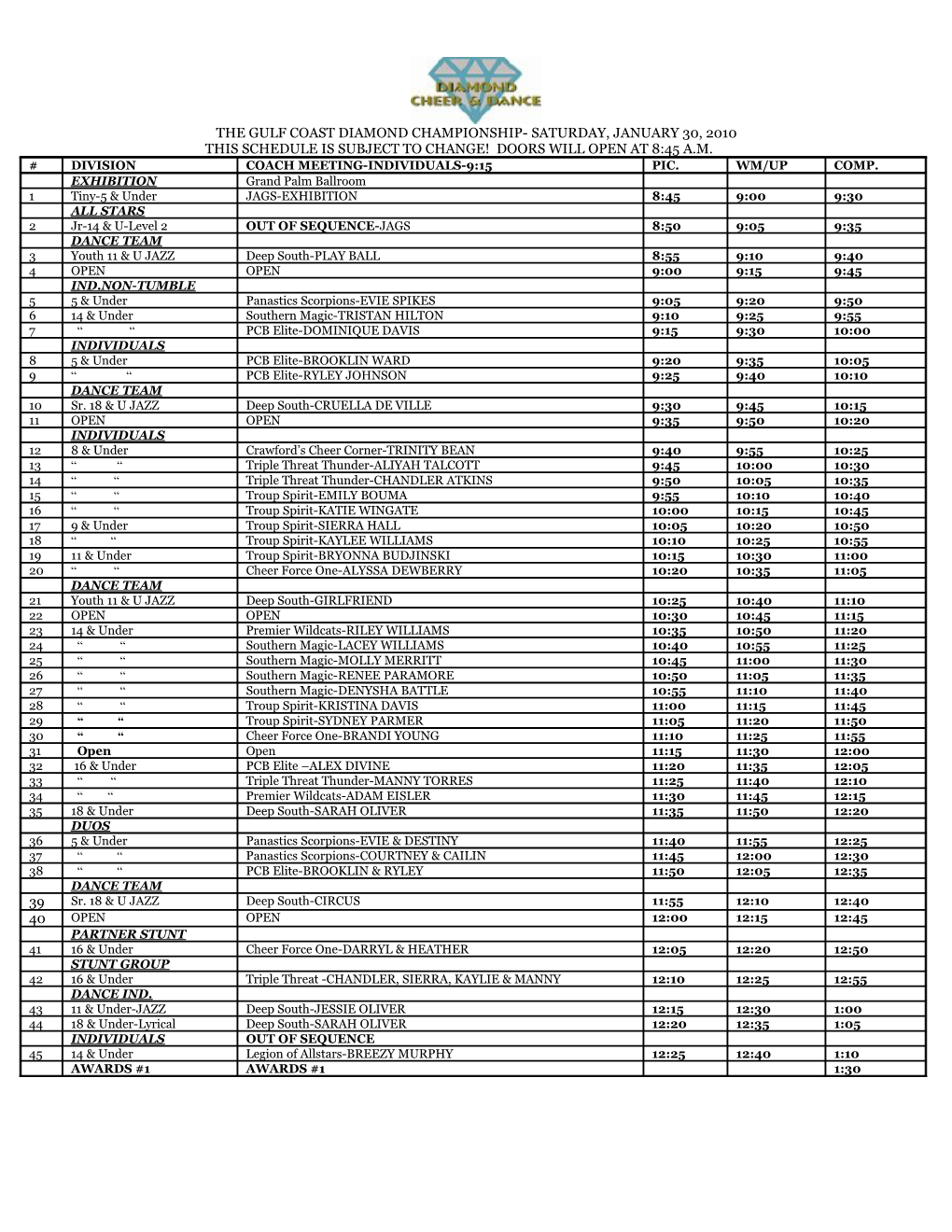 This Schedule Is Subject to Change! Doors Will Open at 8:45 A.M