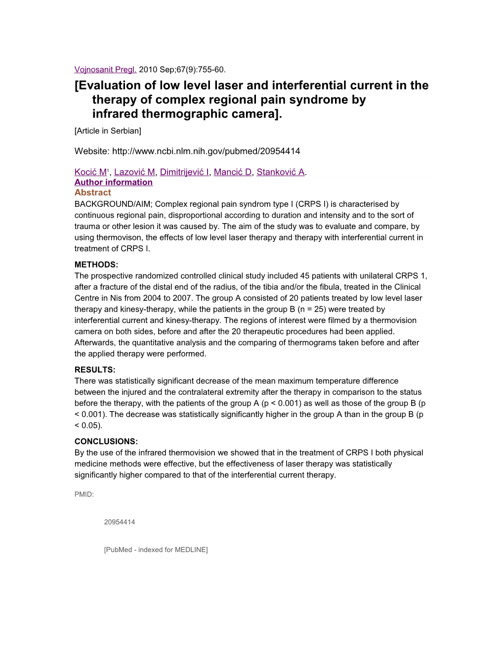 Evaluation of Low Level Laser and Interferential Current in the Therapy of Complex Regional