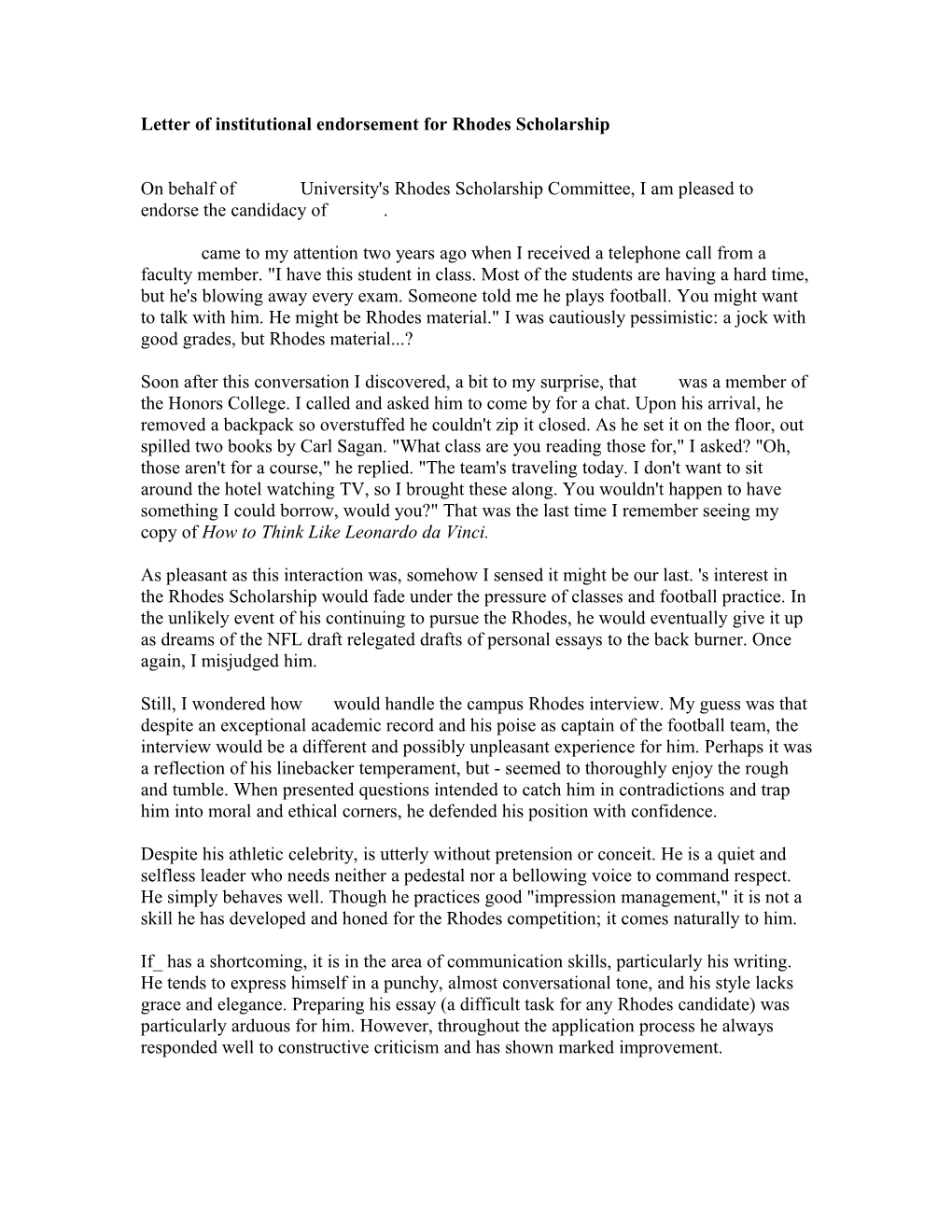 Letter Of Institutional Endorsement For Rhodes Scholarship