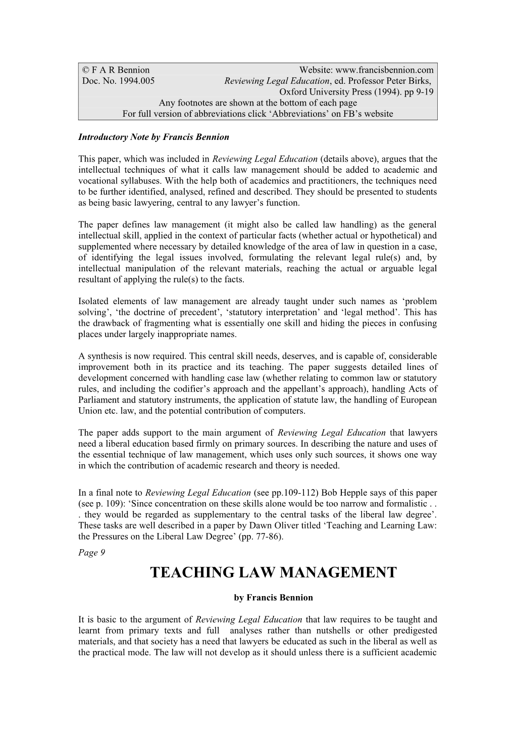 Doc. No. 1994.005 Reviewing Legal Education, Ed. Professor Peter Birks