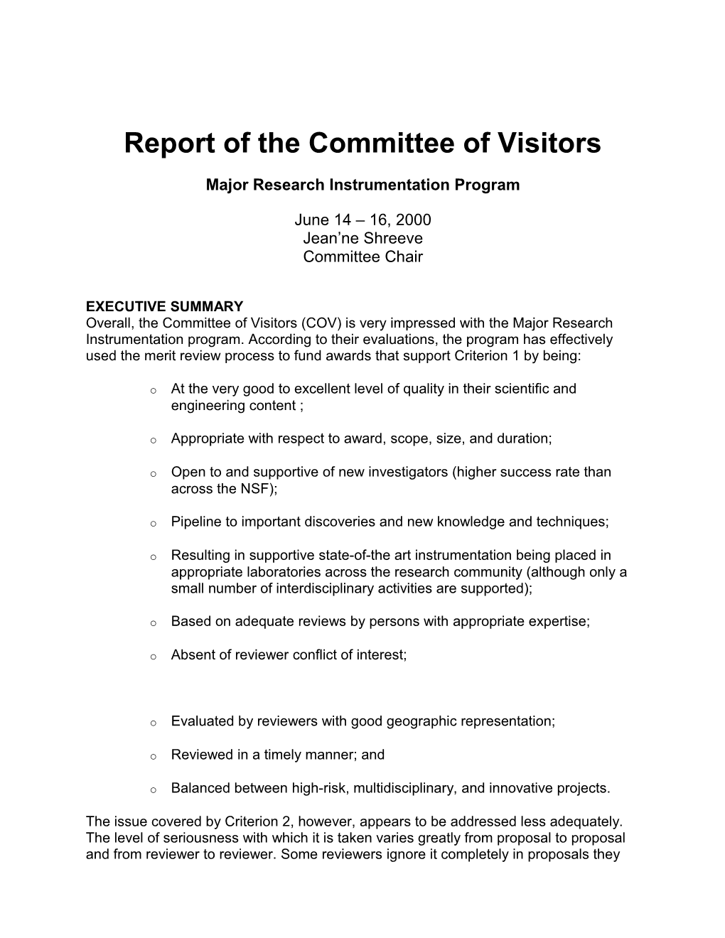 Report of the Committee of Visitors