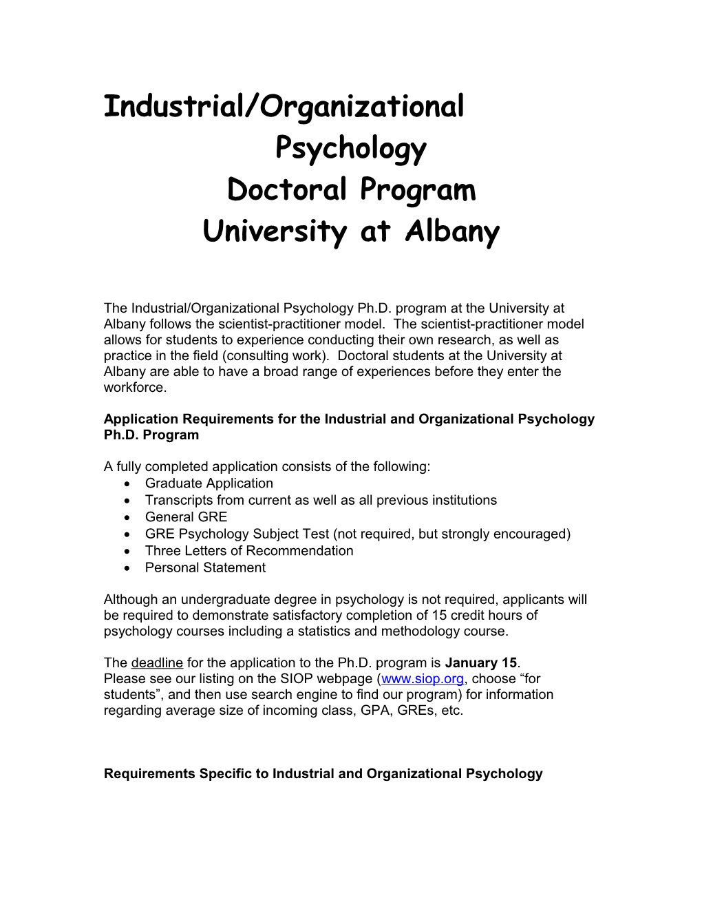 Requirements Specific to Industrial and Organizational Psychology