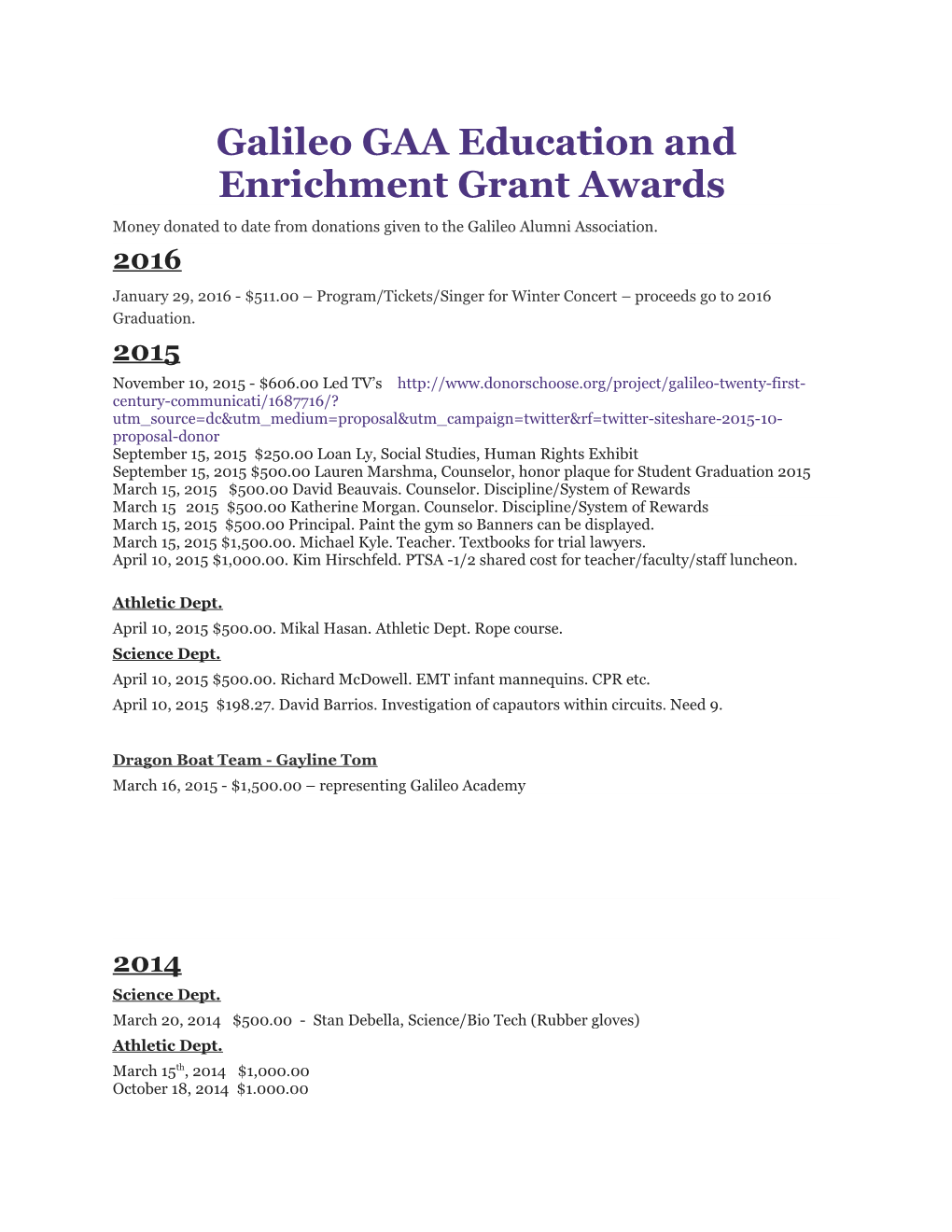 Galileo GAA Education and Enrichment Grant Awards