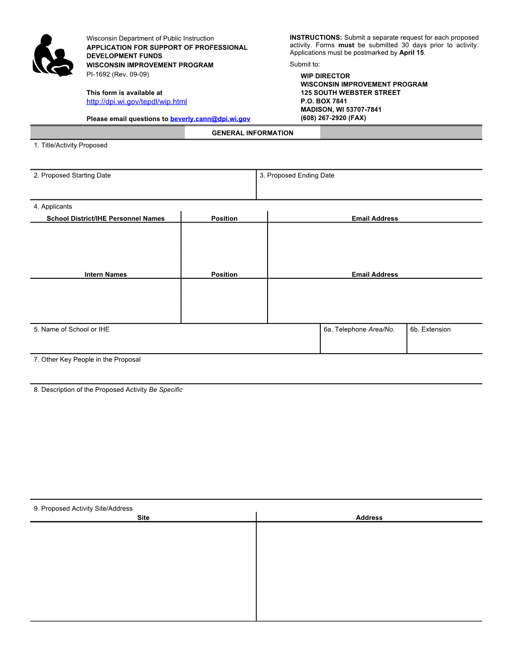 PI-1692 Application for Support of Professional Development Funds Wisconsin Improvement Program