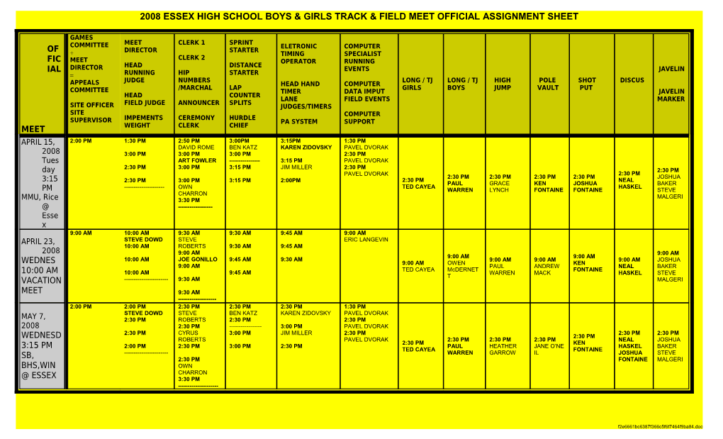 2008 Essex High School Boys & Girls Track & Field Meet Official Assignment Sheet