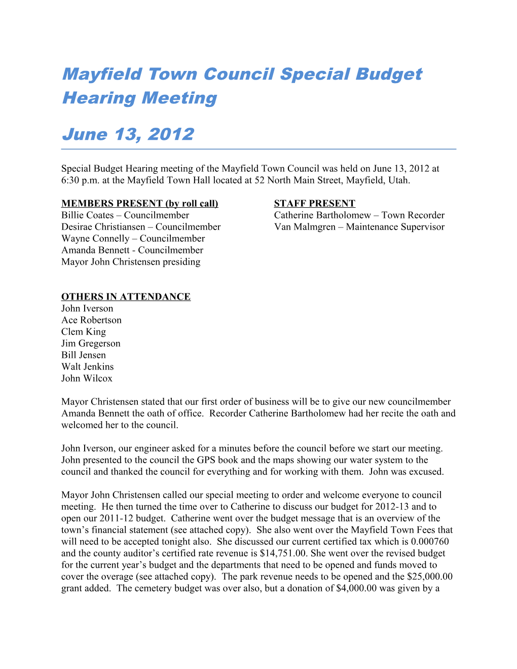 Mayfield Town Council Special Budget Hearing Meeting