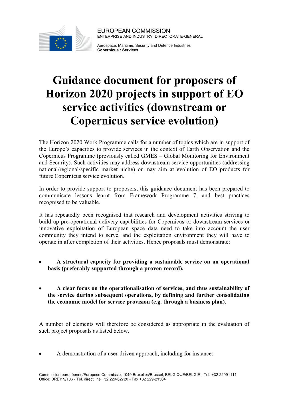 Guidance Document for Proposers of Horizon 2020 Projects in Support of EO Service Activities