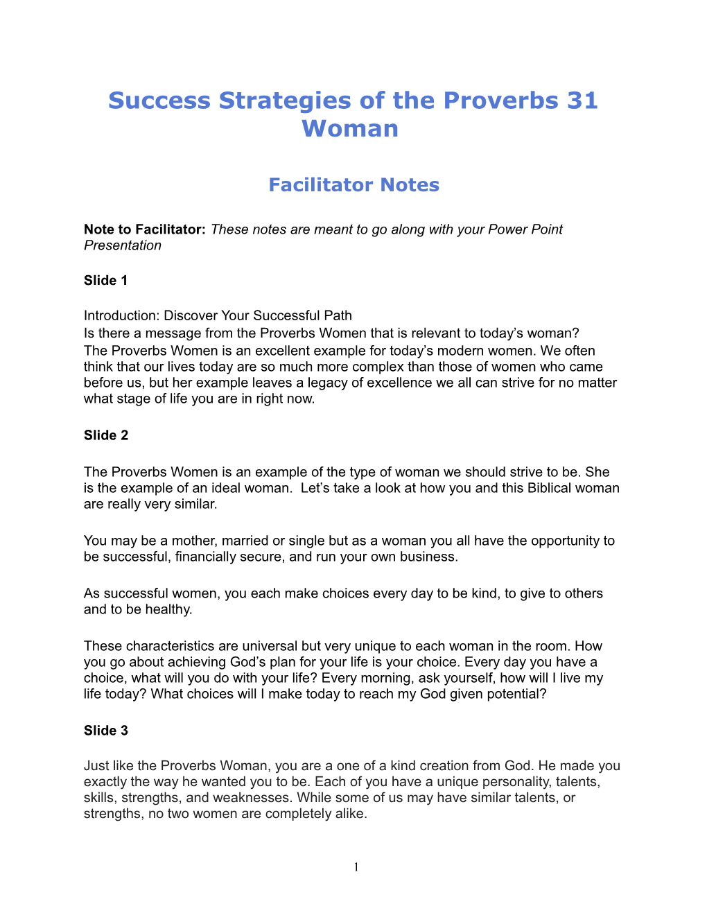 Success Strategies of the Proverbs 31 Woman Facilitator Notes