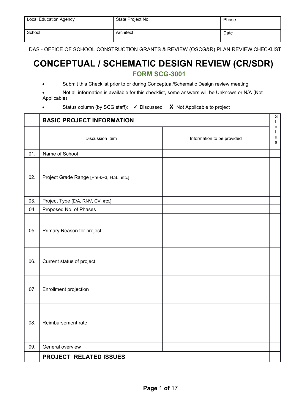 FORM SCG-3001 CR-SDR Checklist