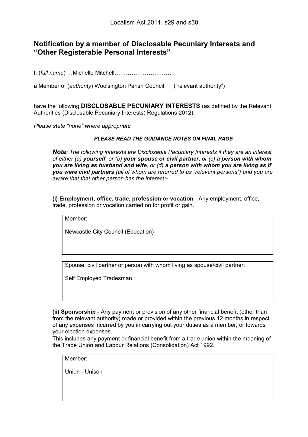 Notification by a Member of Disclosable Pecuniary Interests and Other Registerable Personal