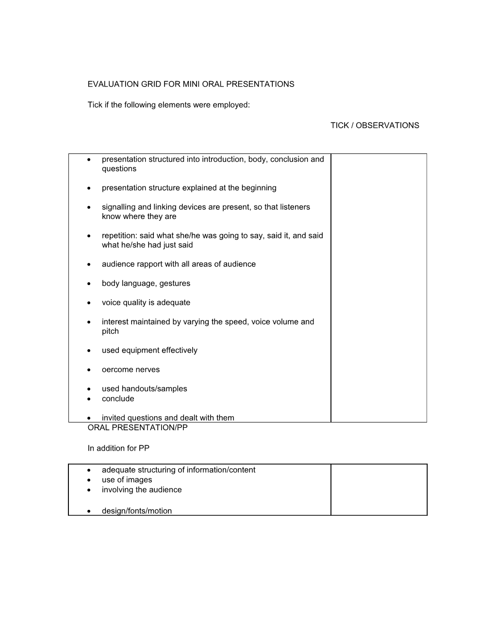 Evaluation Grid for Mini Oral Presentations