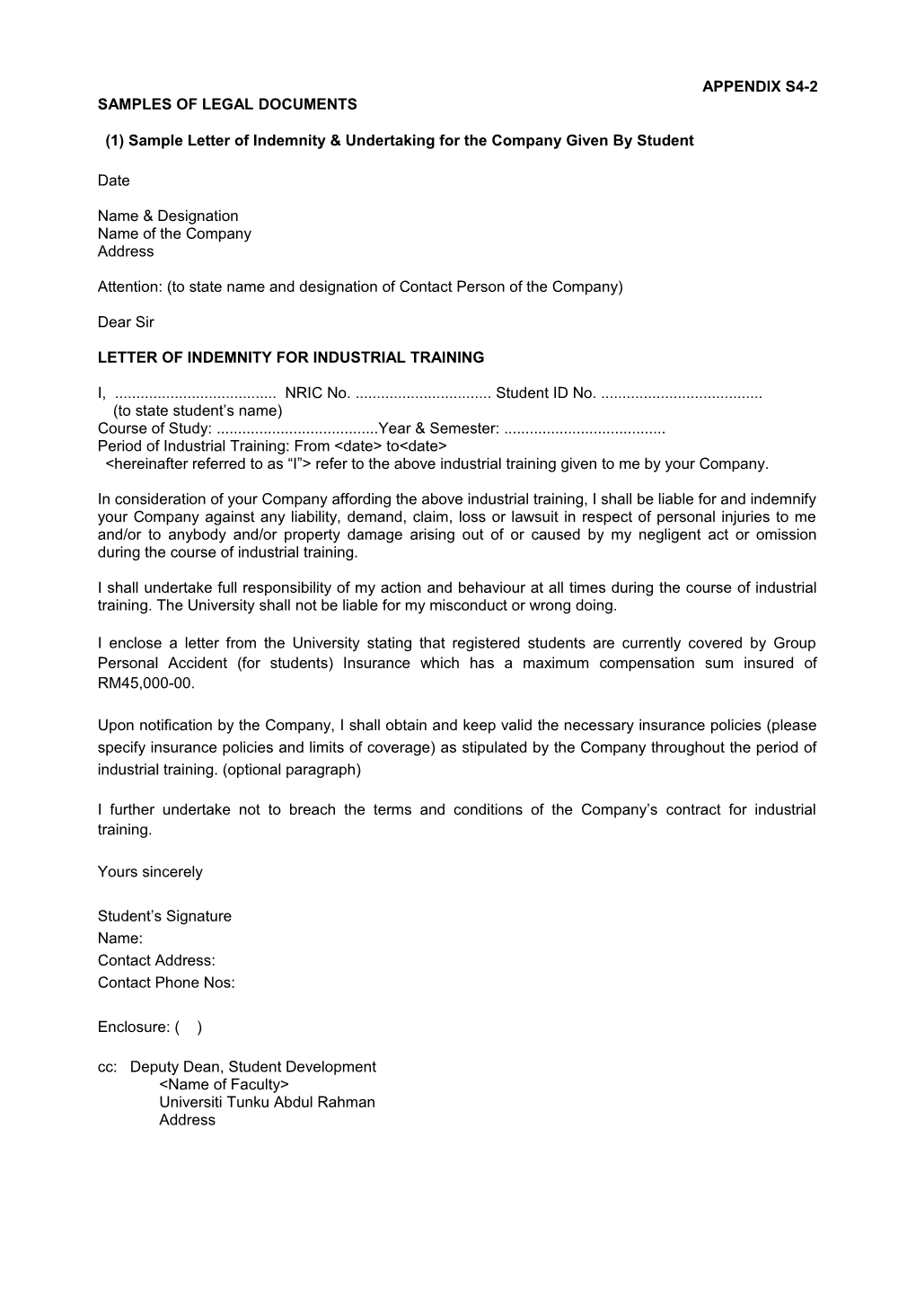 (1) Sample Letter of Indemnity & Undertaking for the Company Given by Student