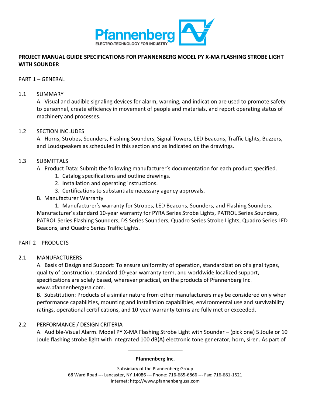 Project Manual Guide Specifications for Pfannenberg Model Py X-Ma Flashing Strobe Light