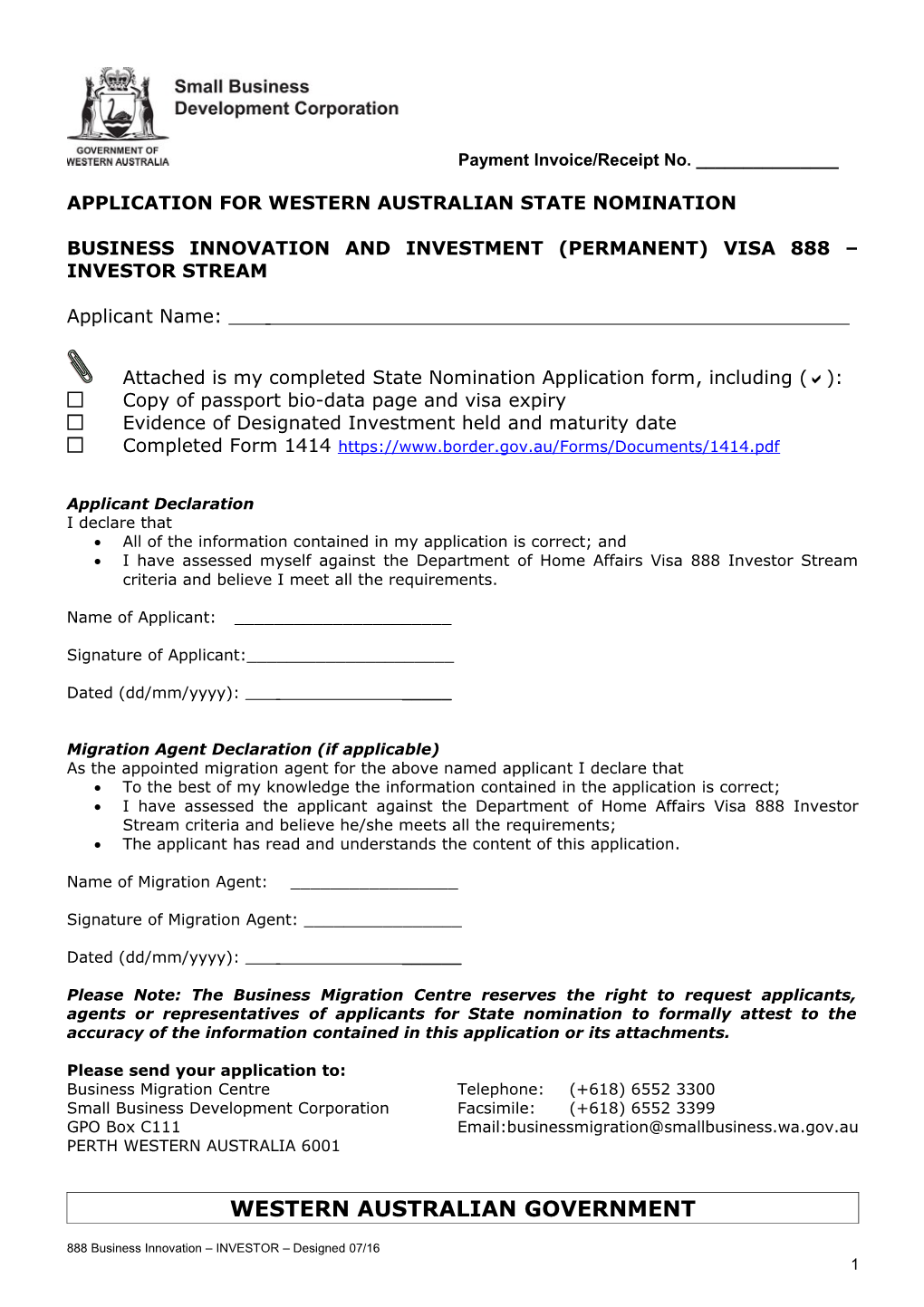 Application for Western Australian State Sponsorship Business Skills Visa 892 Business