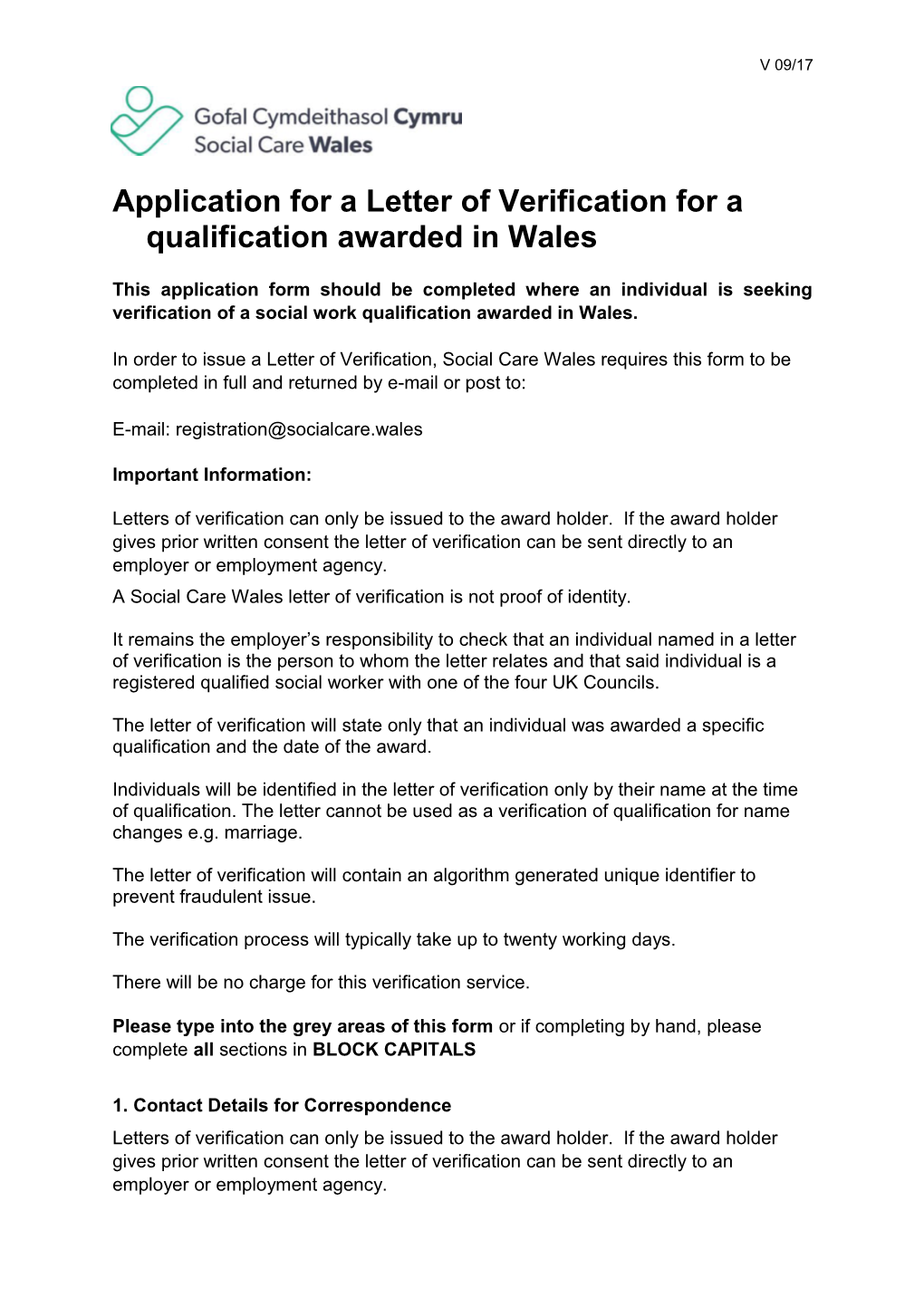 Application for a Letter of Verification for a Qualification Awarded in Wales