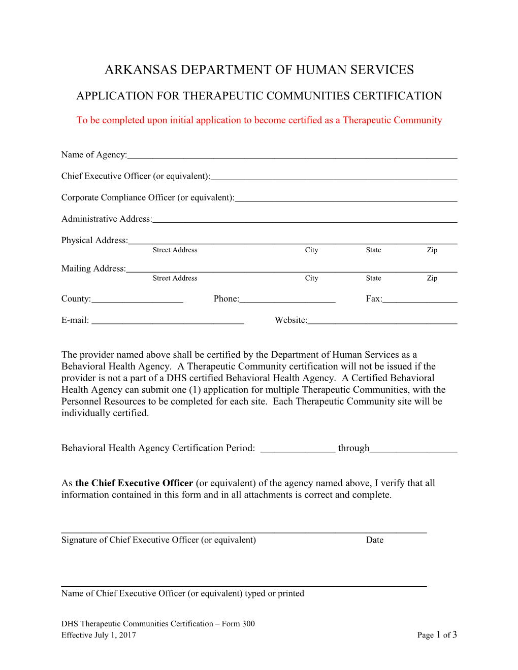 DHS THERAPUETIC COMMUNITIES CERTIFICATION Form 300