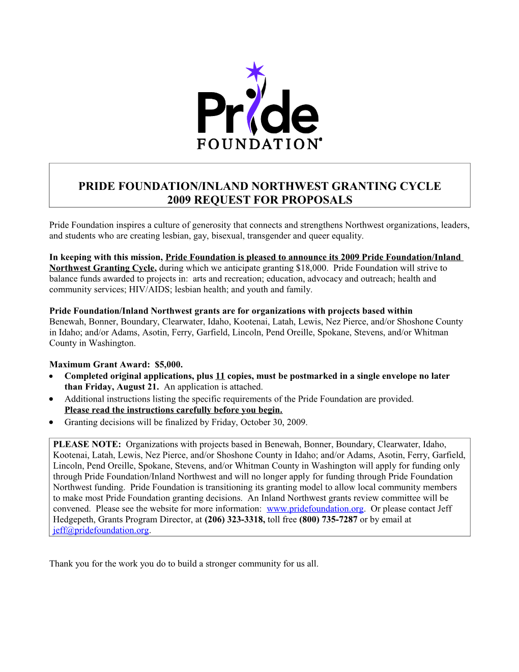 Pride Foundation/Inland Northwest Granting Cycle