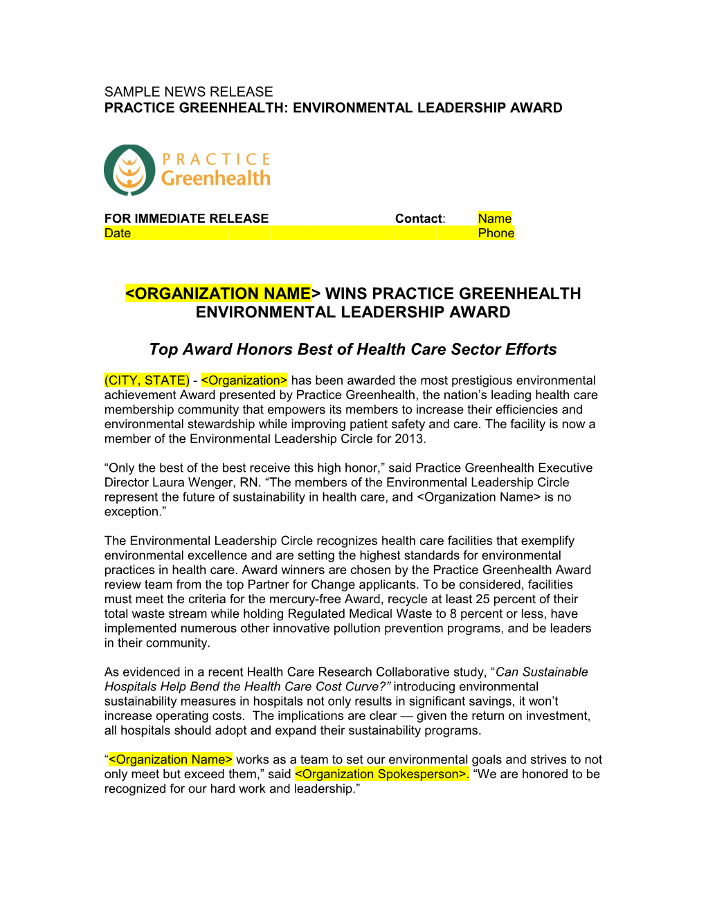 Sample News Release Practice Greenhealth Environmental Leadership Award