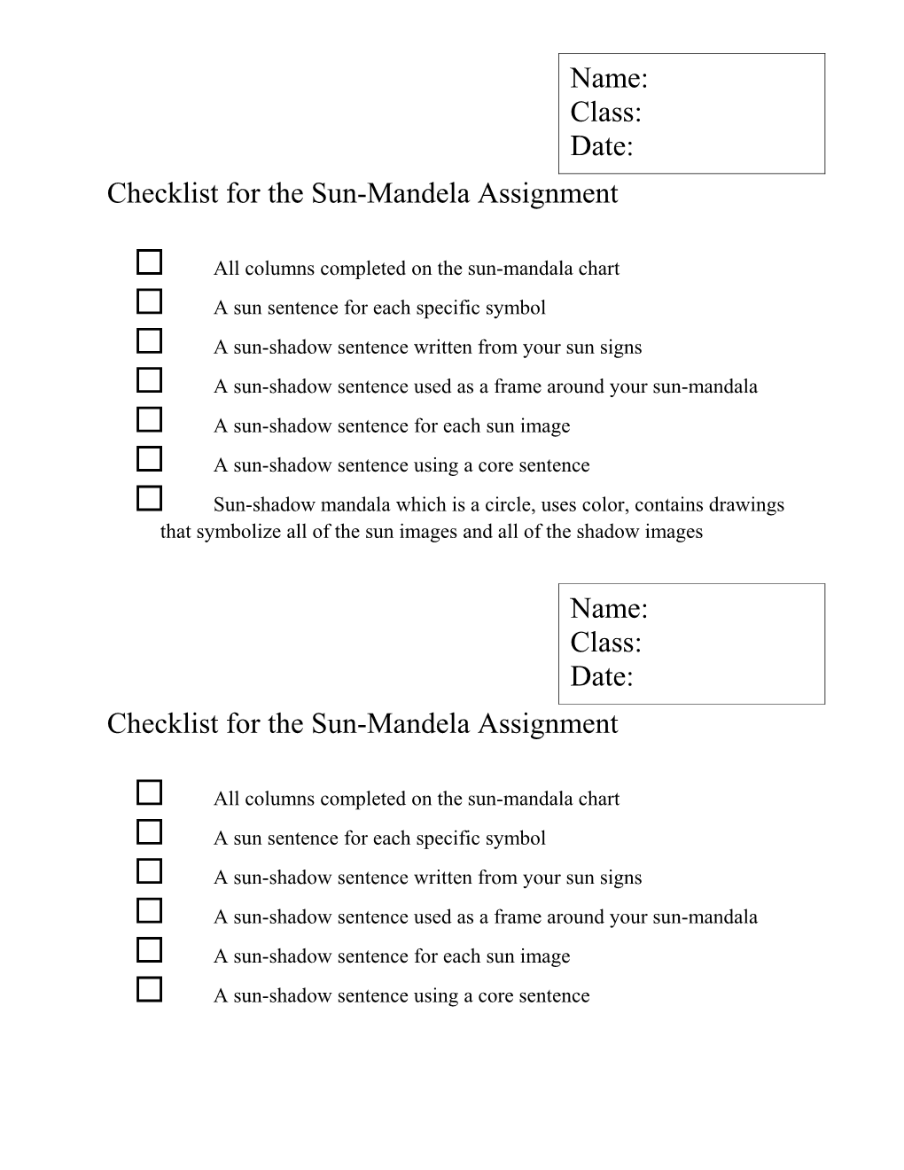 Checklist for the Sun-Mandela Assignment