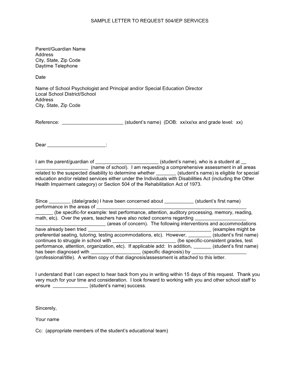 Sample Letter To Request 504/Iep Services
