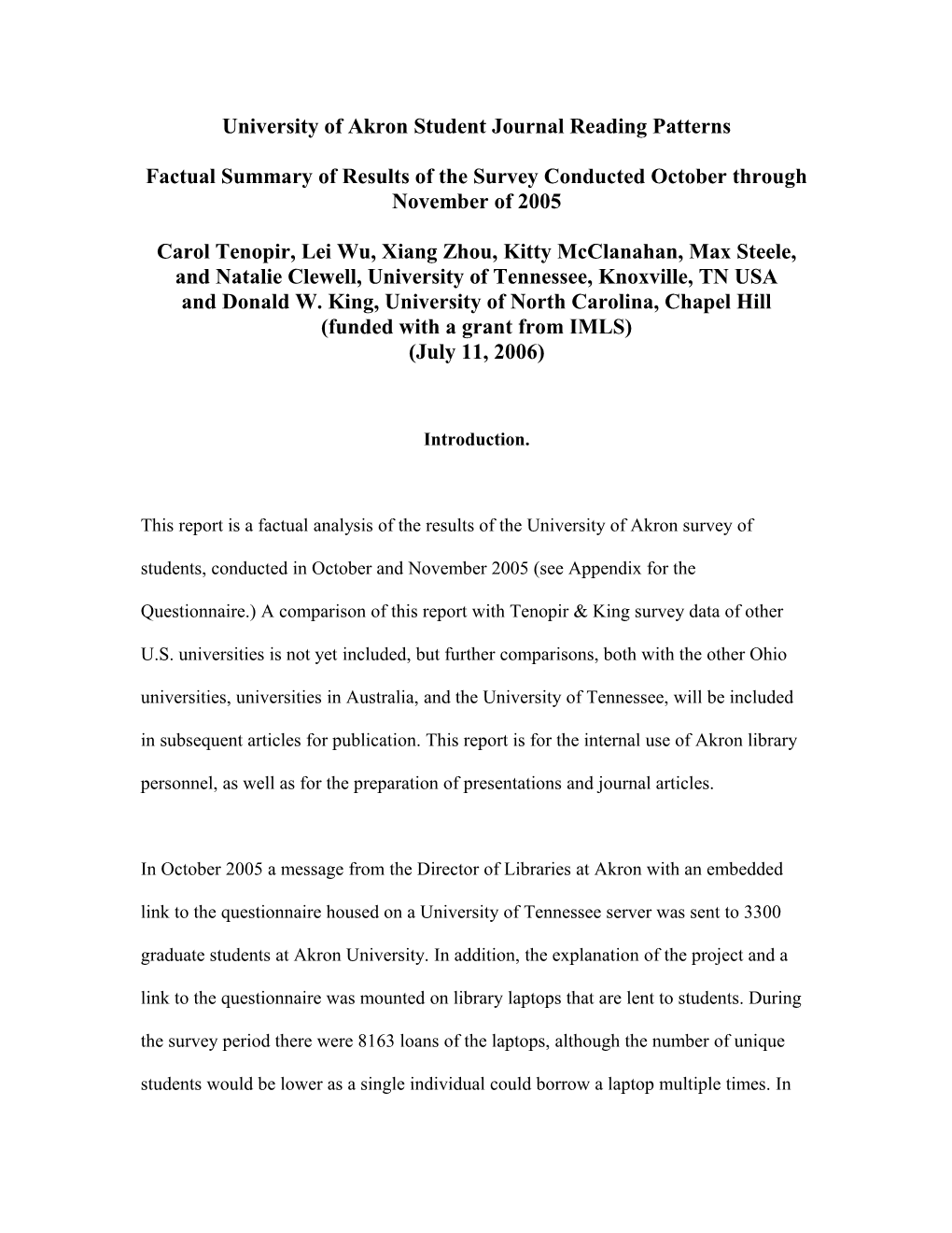 University of Akron Student Journal Reading Patterns