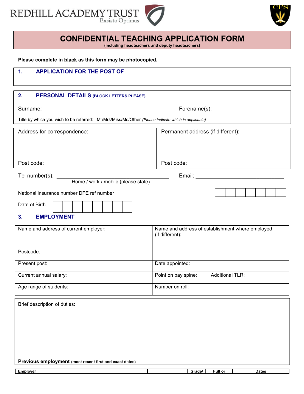 Confidential Teaching Application Form