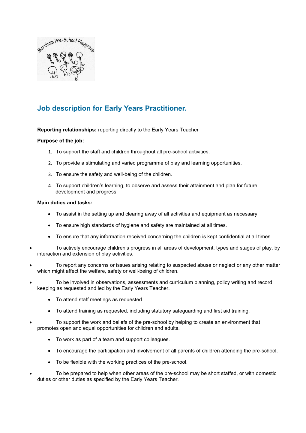 Job Description for Early Years Practitioner